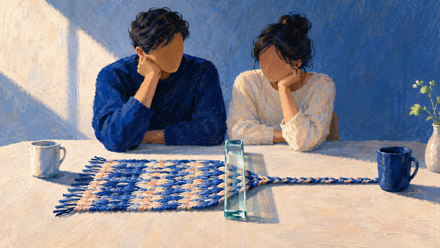 Editorial illustration of two adults linked by a woven band narrowing under a glass weight.