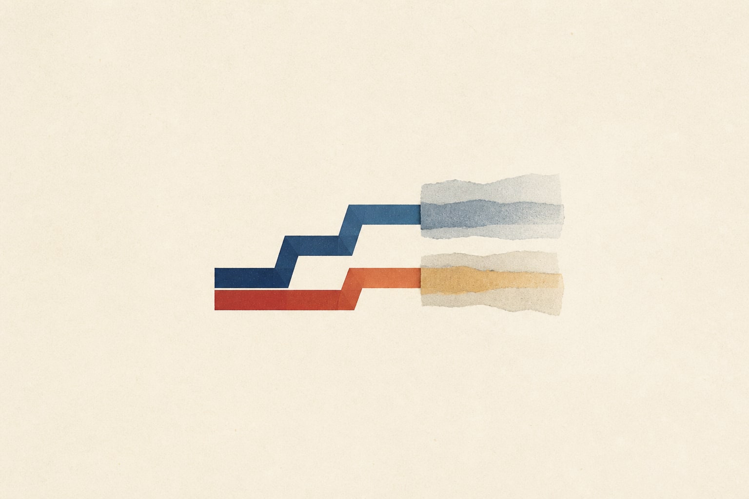 Editorial illustration of two economic model paths ending at different levels inside uncertainty bands.