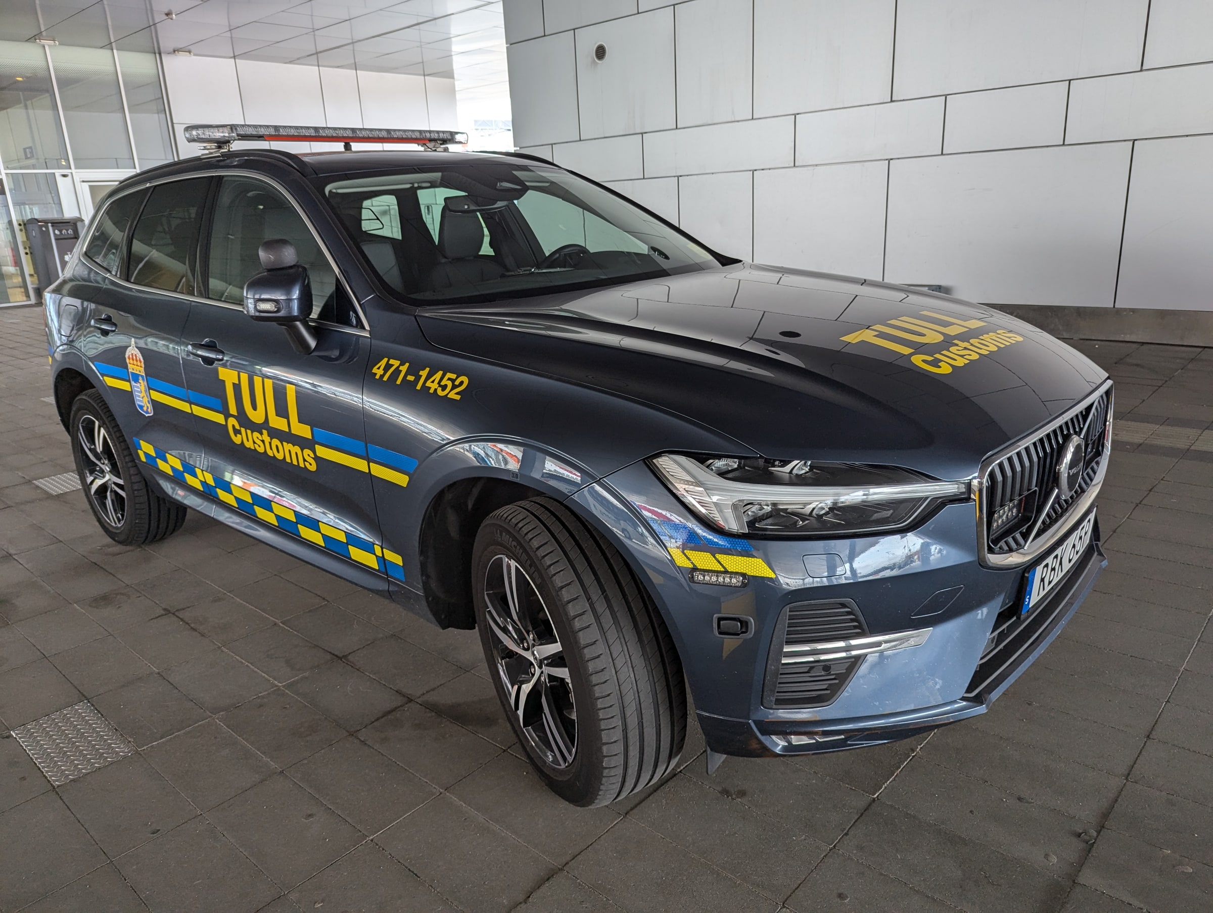 A Swedish Customs vehicle parked at a Stockholm passenger terminal.