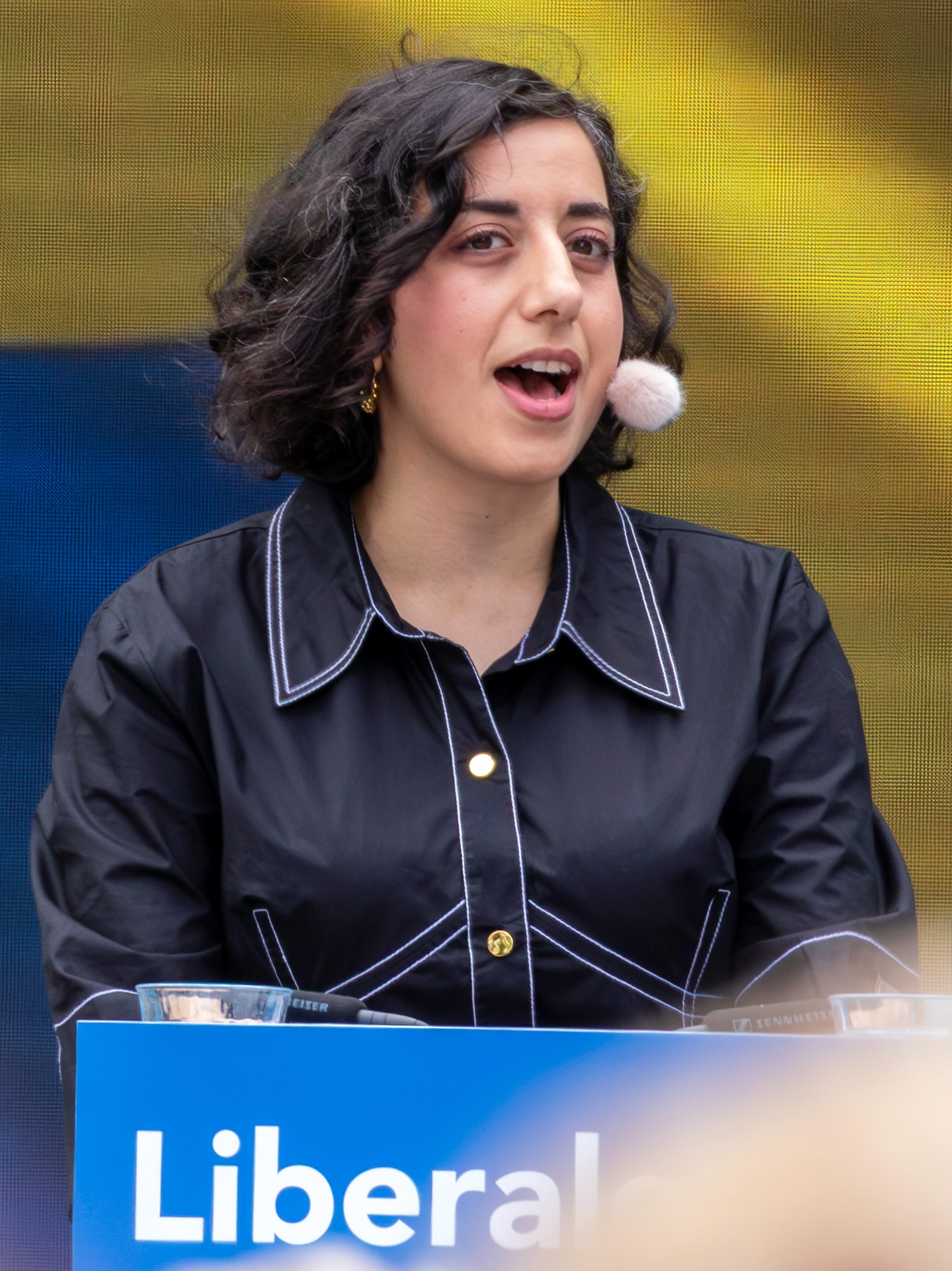 Liberal Party leader Simona Mohamsson speaks on a party stage at Almedalen in June 2025.
