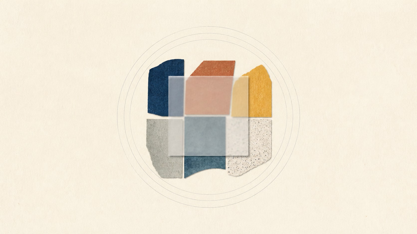 Editorial illustration of varied paper fragments inside one translucent review frame.