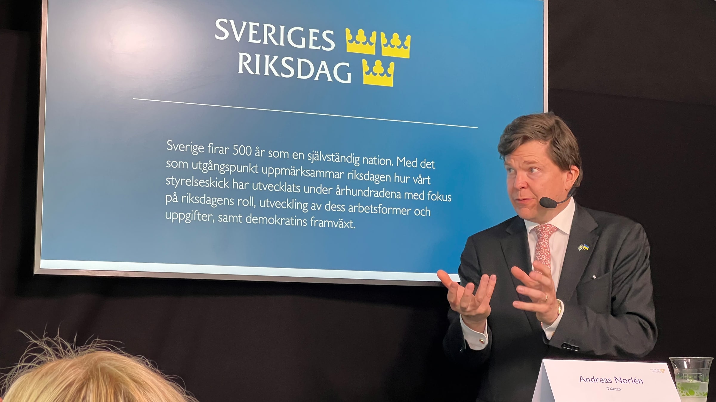 Sweden's speaker Andreas Norlén addresses an audience at Almedalen in June 2023.
