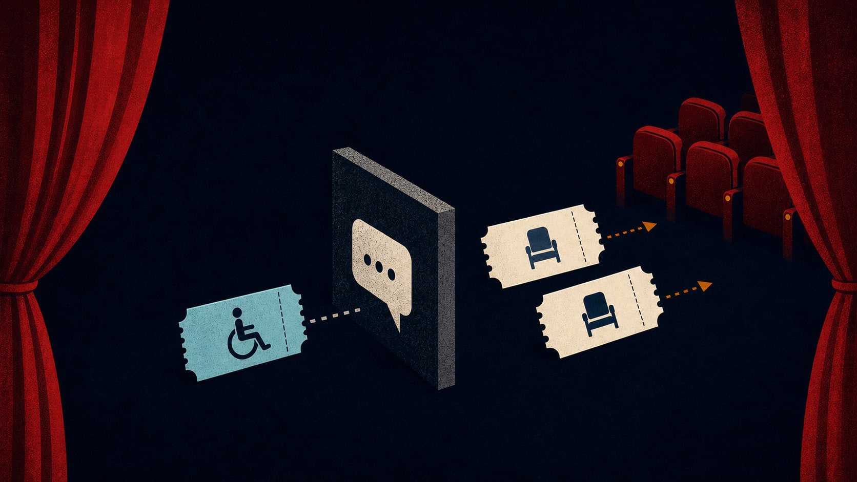 Editorial illustration of a wheelchair theatre ticket stopped at a silent message barrier.