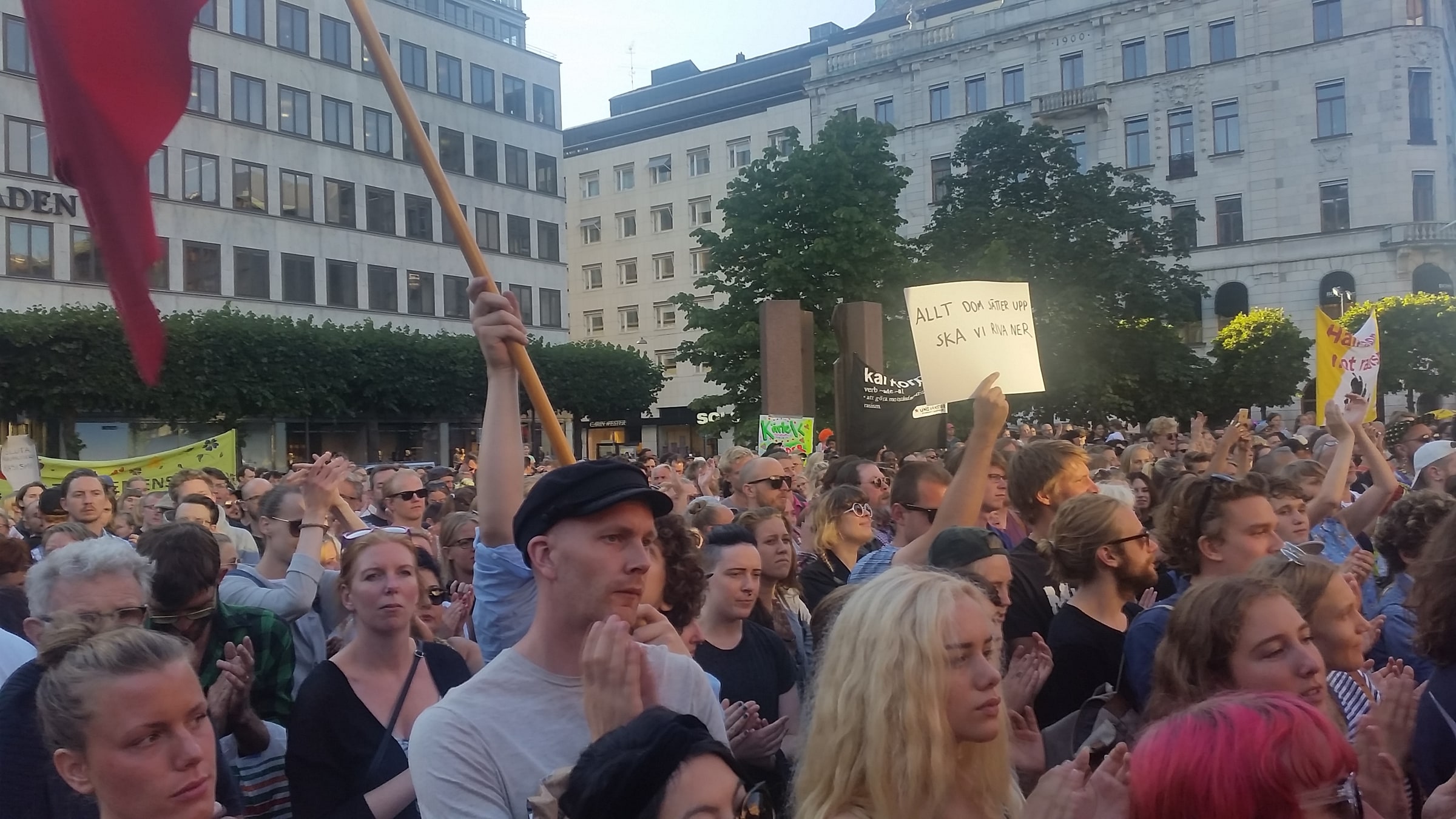 A crowd gathers at an anti-racism demonstration in Stockholm in August 2015.