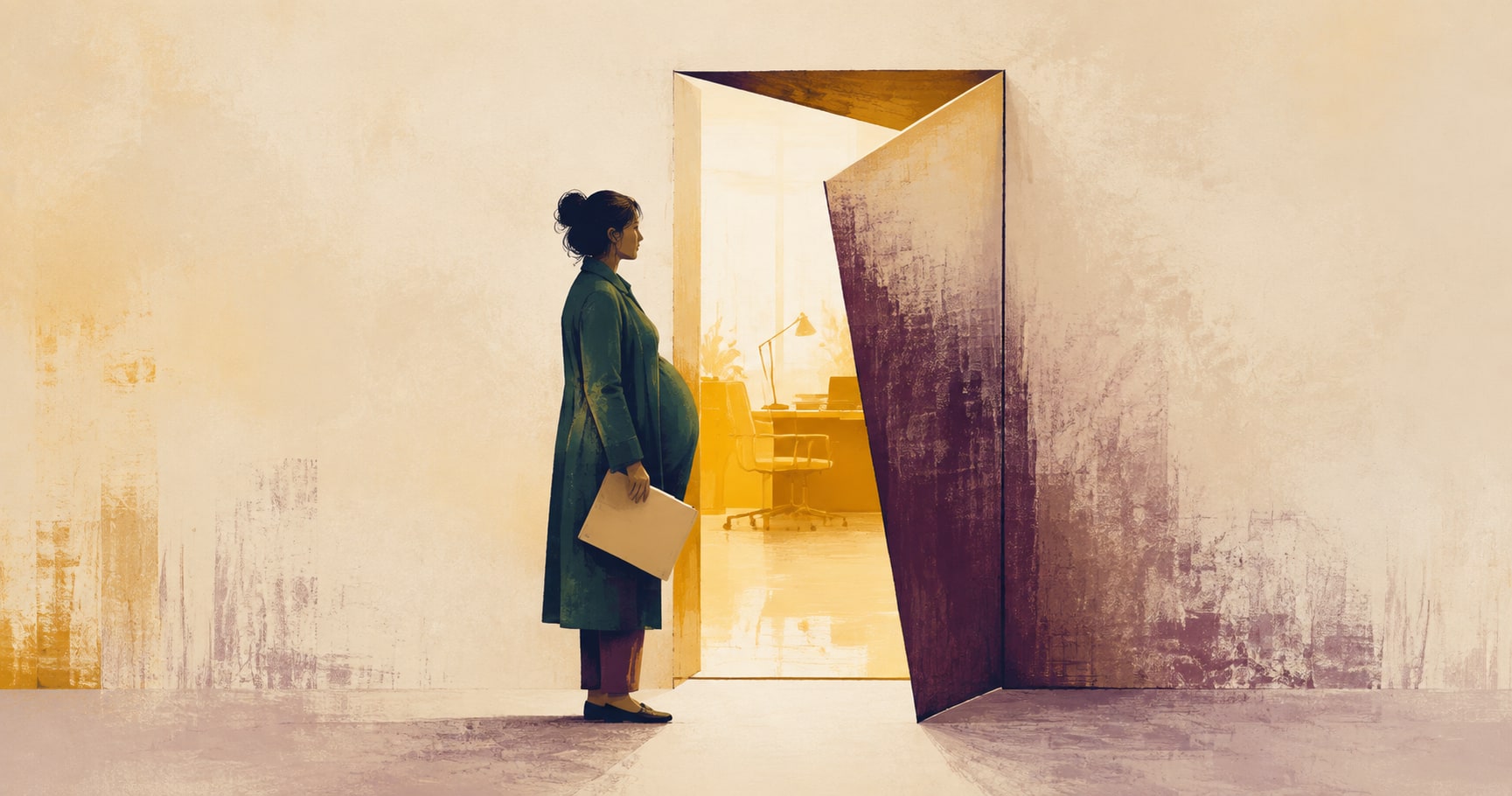 Editorial illustration of a pregnant applicant holding a folder as a bright office doorway folds shut.