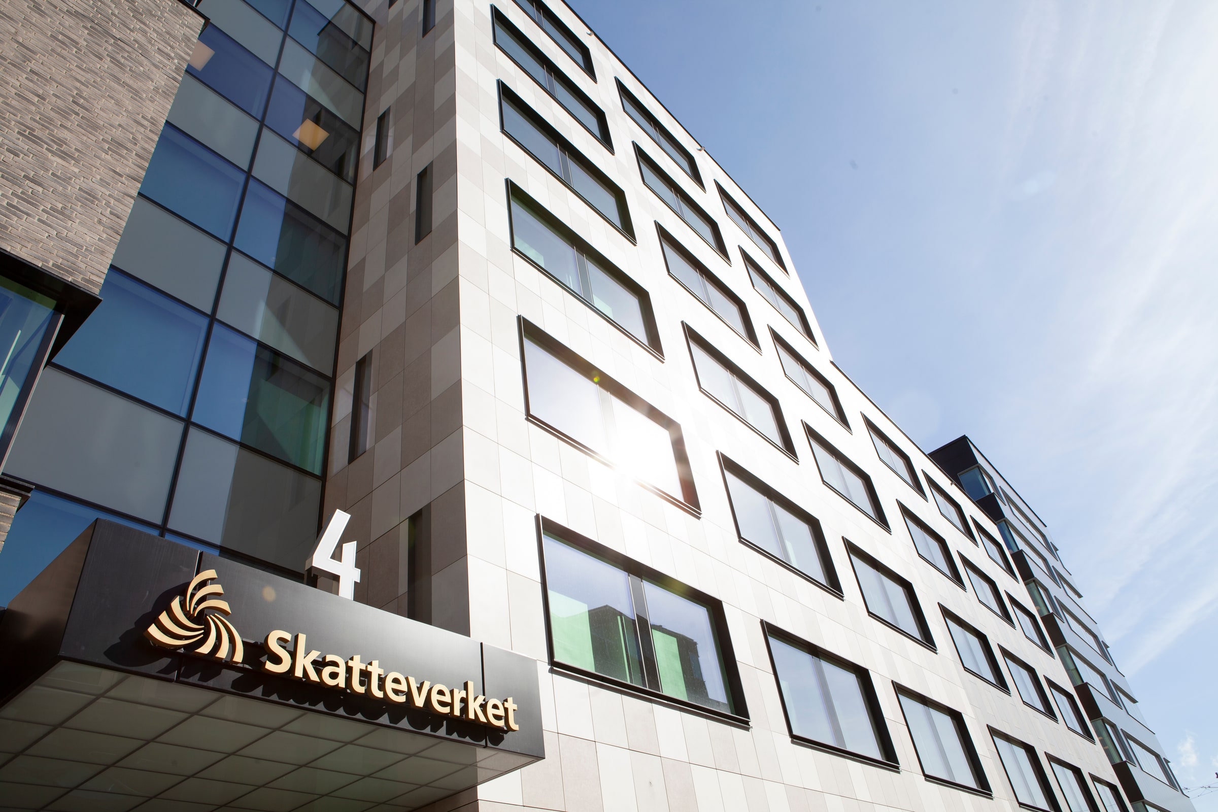 The Skatteverket name and symbol outside the agency’s Kronan office in Sundbyberg.