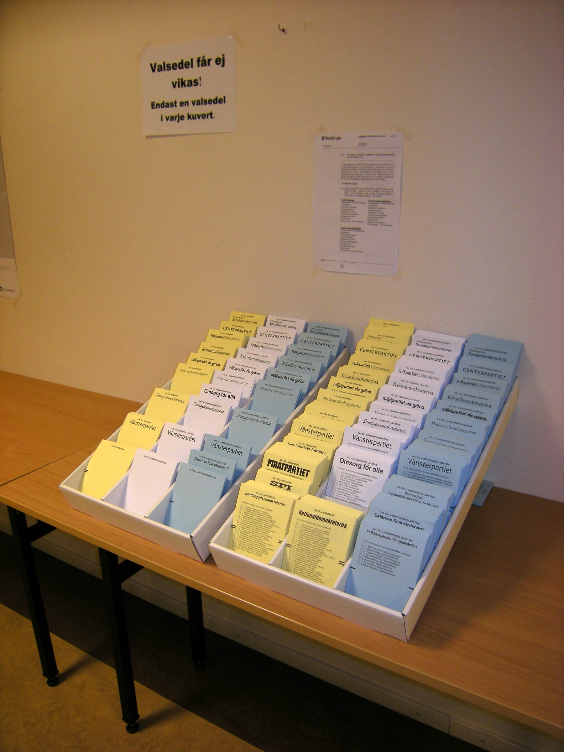 Rows of Swedish party ballot papers at a polling station in Borlänge.