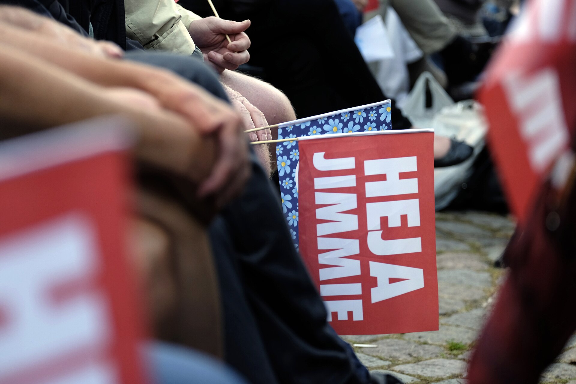 Sweden Democrats supporters hold party flags reading 'Heja Jimmie' during Almedalen Week in Visby in July 2014.