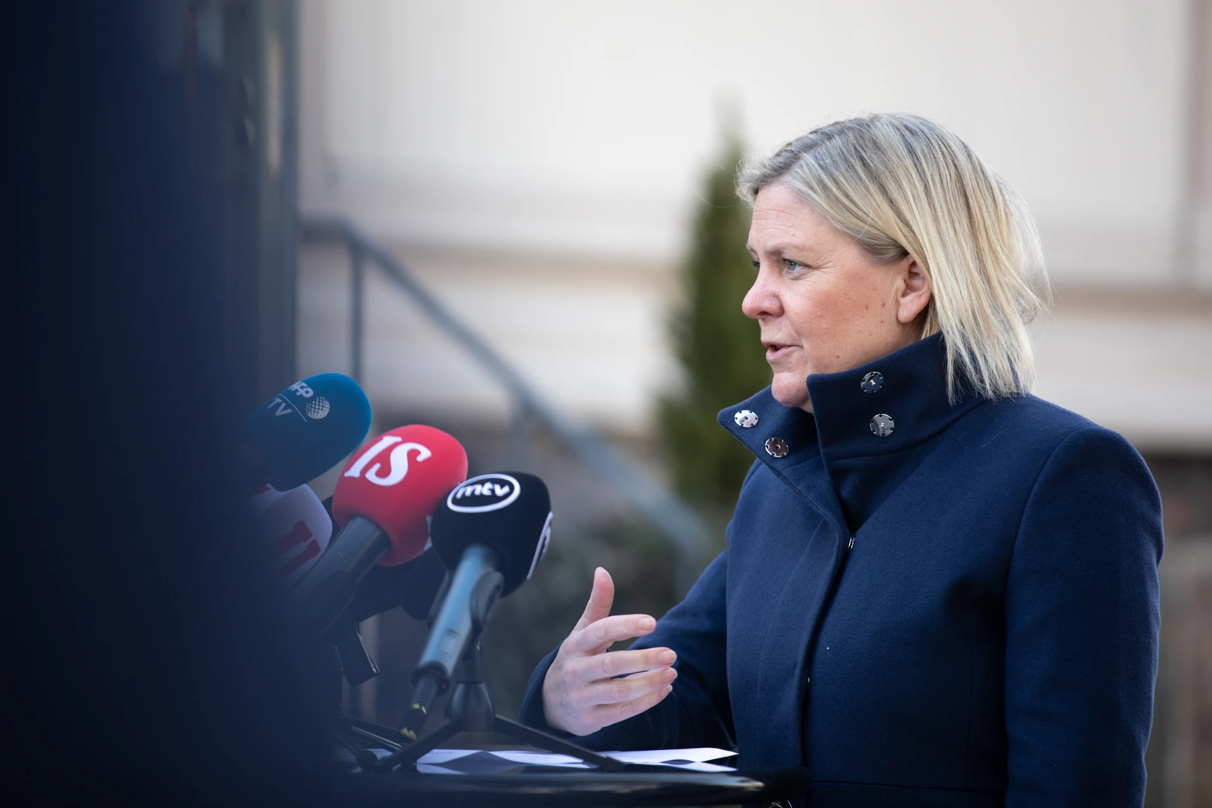 Magdalena Andersson speaks to reporters during a visit to Helsinki in March 2022.