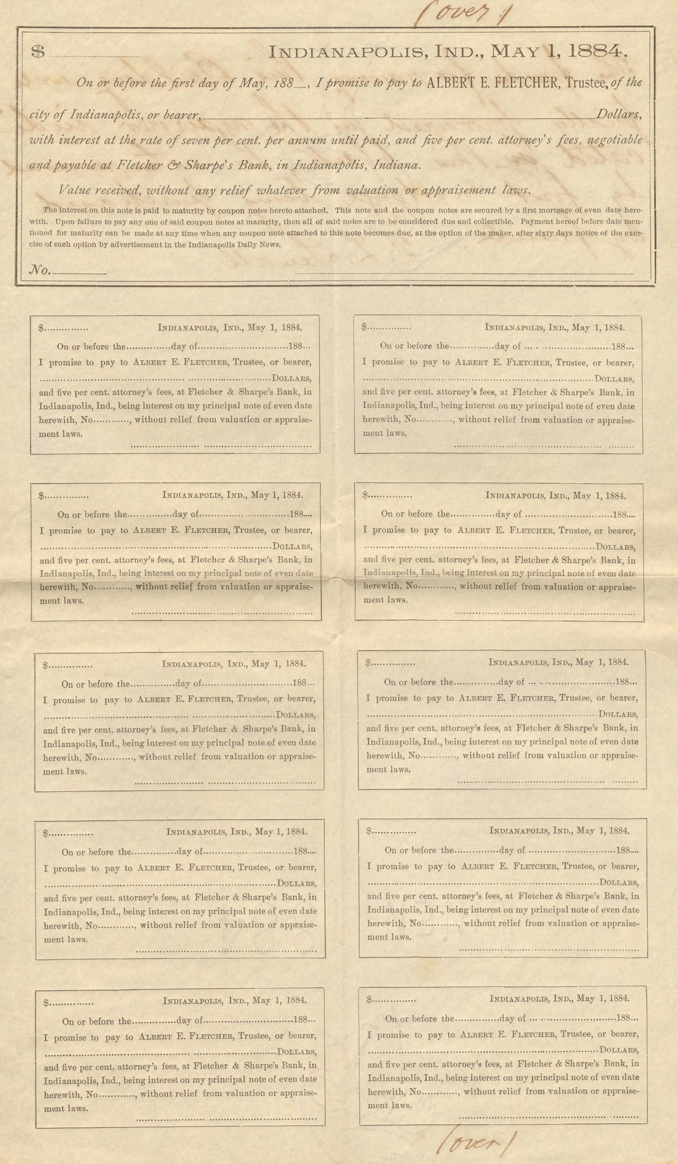 An archival blank mortgage loan document dated 1884.