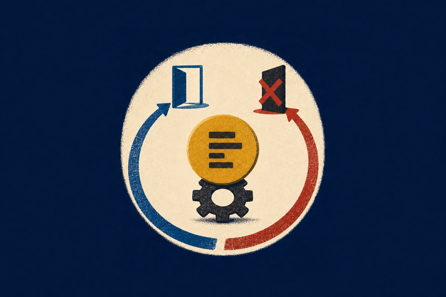 Editorial illustration of a wage and work gear between an open route and a blocked threshold.